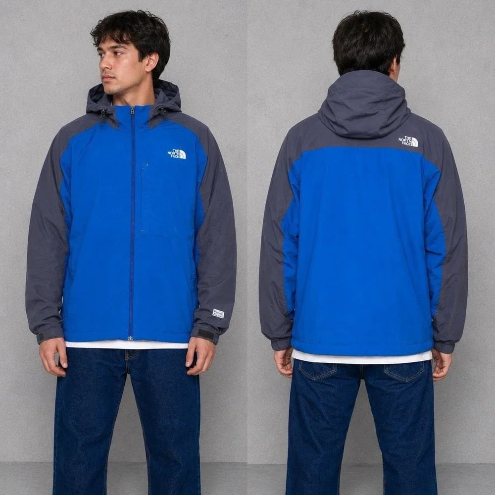 The North Face Hooded Windbreaker Jacket Men's XL Blue Gray Lightweight Full Zip